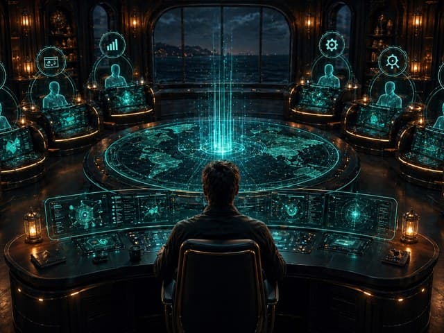Command Central — eight AI agent stations coordinated from a central operations desk