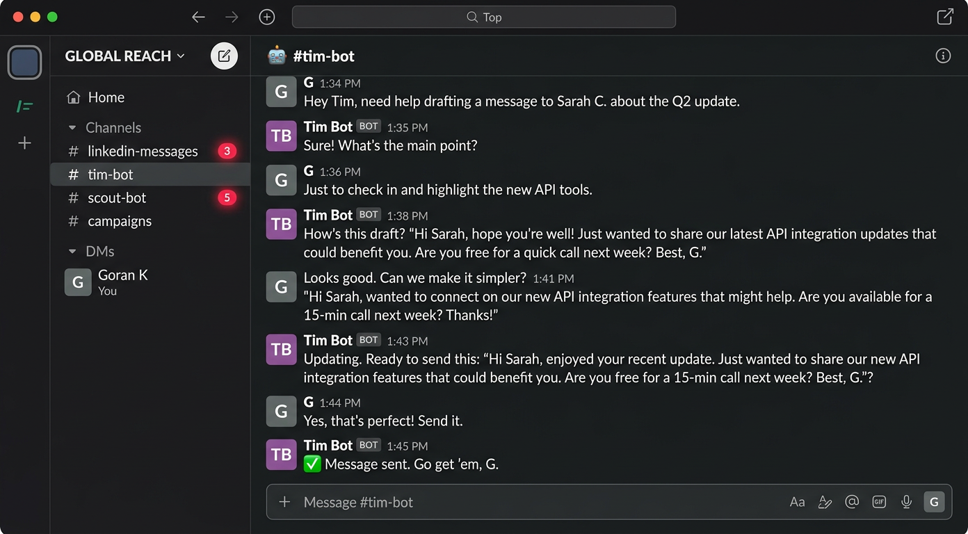 The new command center — Slack replaces Telegram as mission control for Tim and Scout