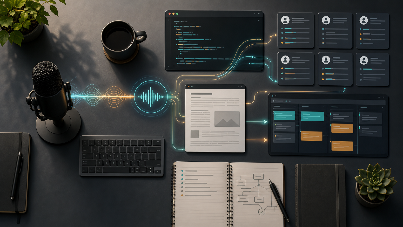 A generated visual of voice input connecting the production stack