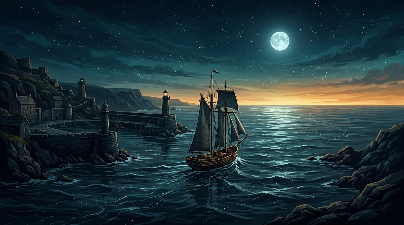A small privateer ship leaving a protected harbor under moonlight, sailing toward dawn across a digital sea