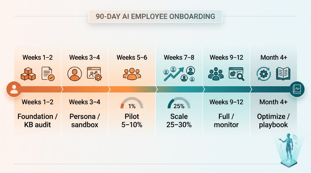 Ninety-day onboarding timeline from foundation and sandbox through pilot, scale, and optimization