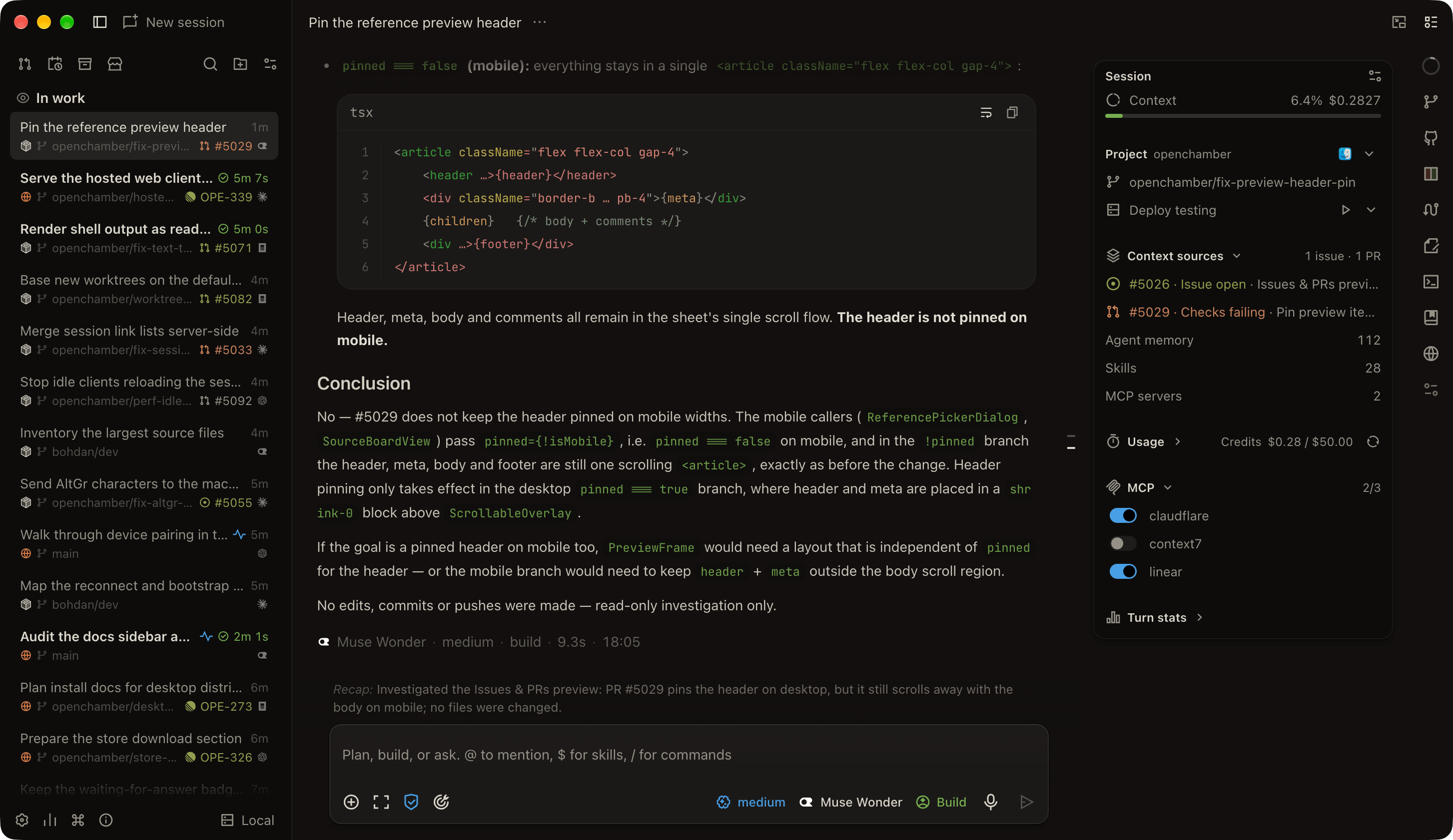 OpenChamber desktop app: session rail on the left, agent conversation in the middle, and the Session panel on the right showing context percentage, spend, worktree, context sources, agent memory, skills and MCP servers.