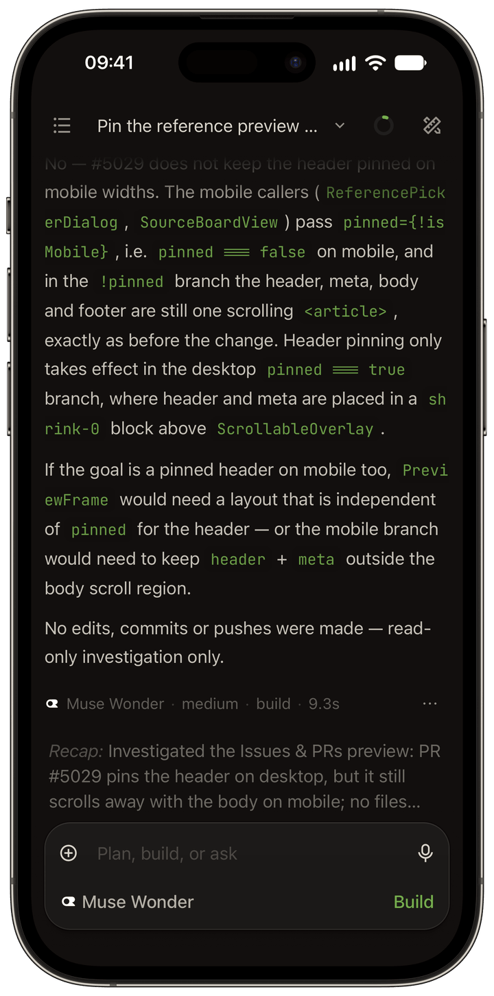 OpenChamber mobile app showing a live agent conversation with the same session running on the phone.