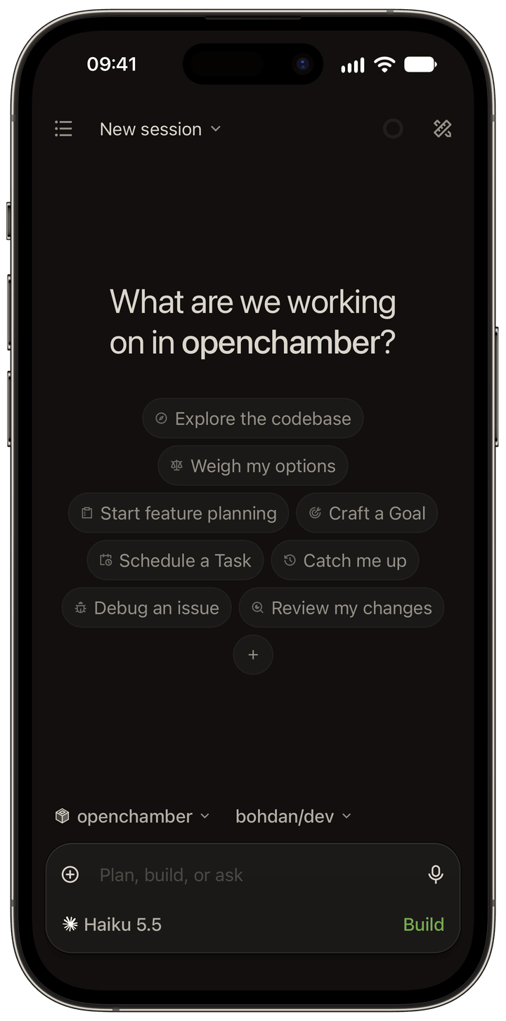 OpenChamber mobile app new-session screen with a model picker and Build agent mode.