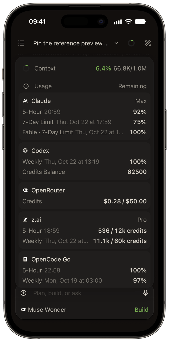 OpenChamber mobile usage screen showing context at 6.4% and remaining quota across five providers: Claude, Codex, OpenRouter, z.ai and OpenCode Go.