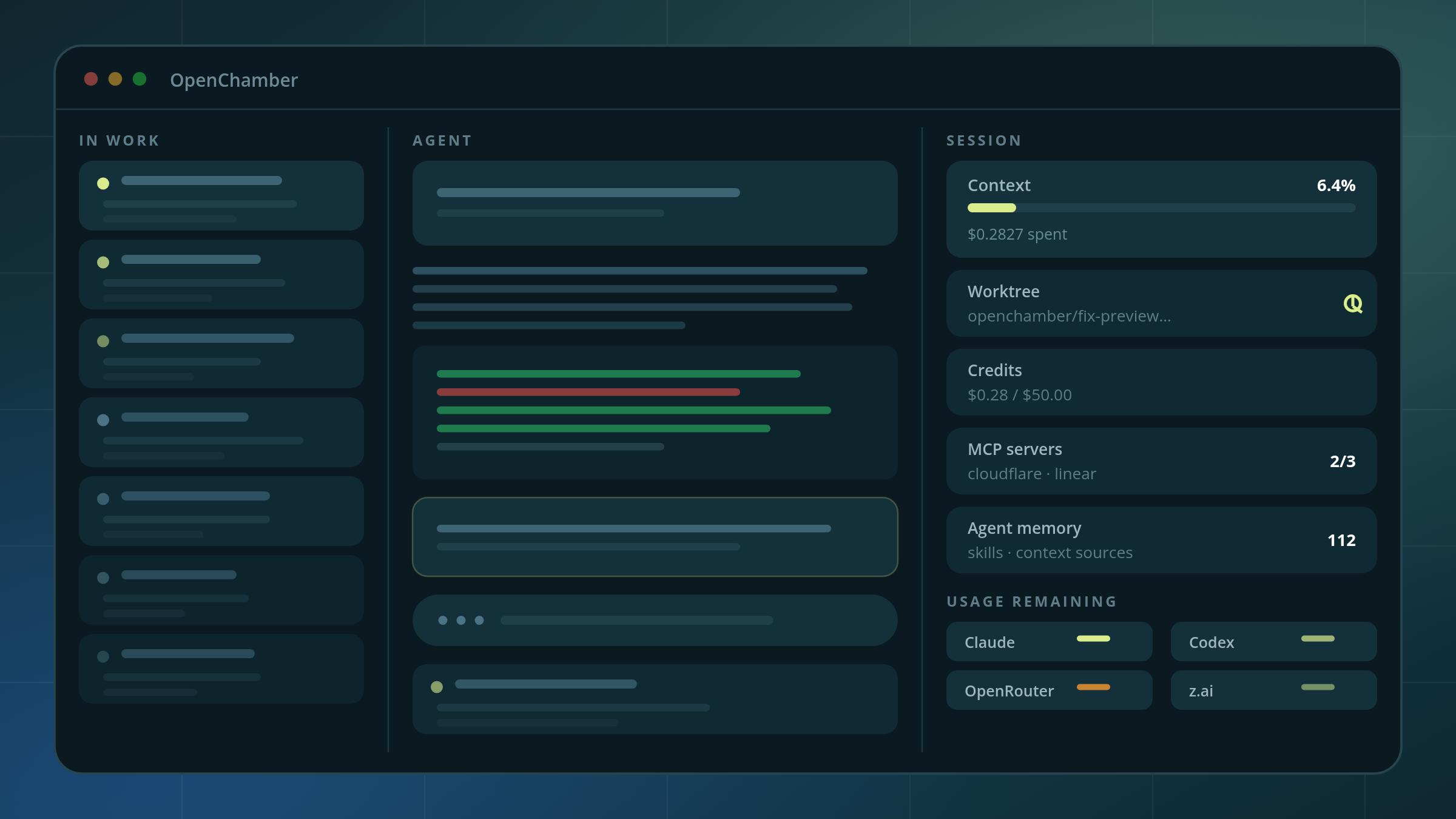 OpenChamber spotlight hero: a session rail of parallel agent worktrees beside a session panel showing context, spend and remaining provider quota