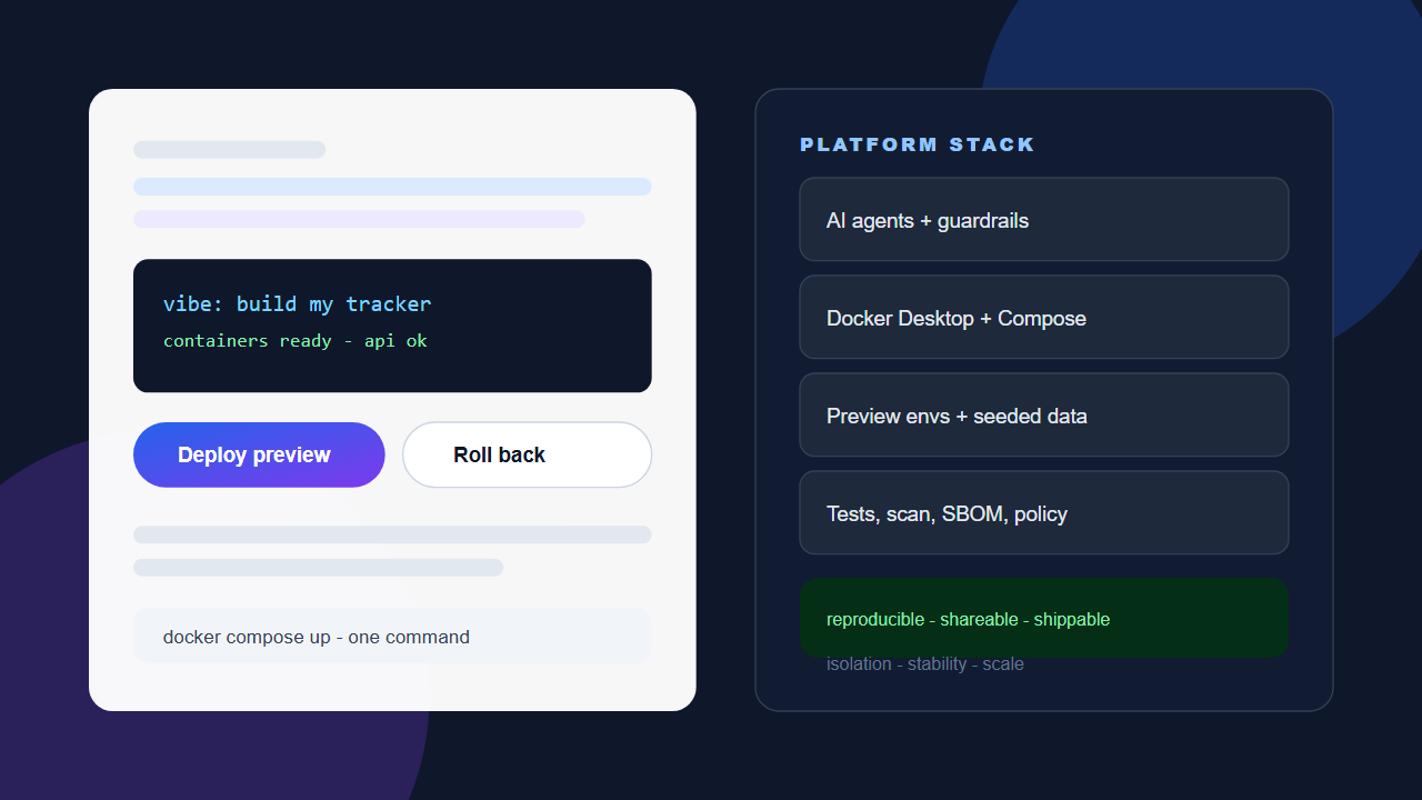 Vibe prompt becoming runnable containers on a Docker Desktop platform stack
